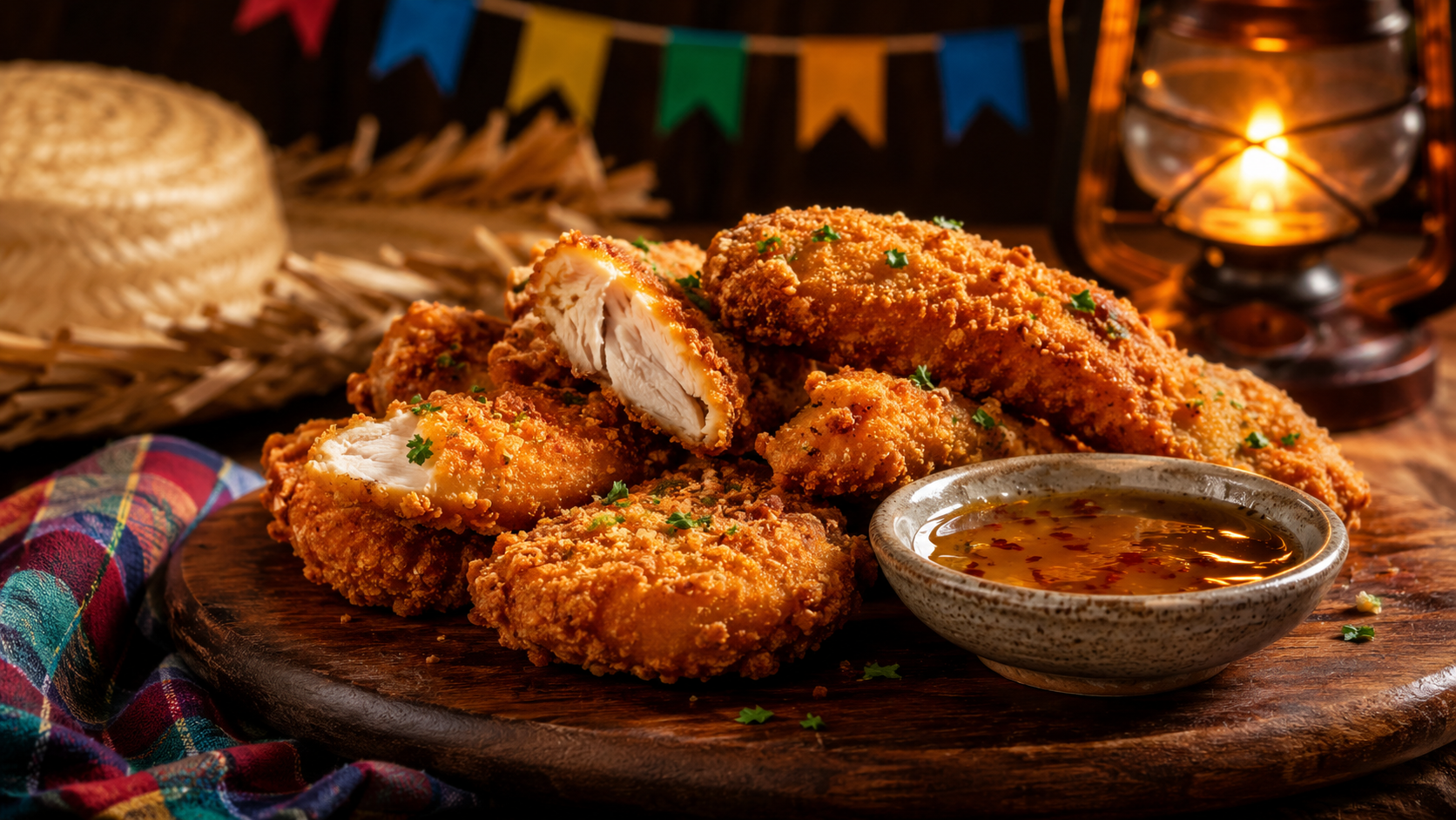 Frango empanado crocante dourado servido com molho de pimenta e mel em tábua rústica com decoração junina