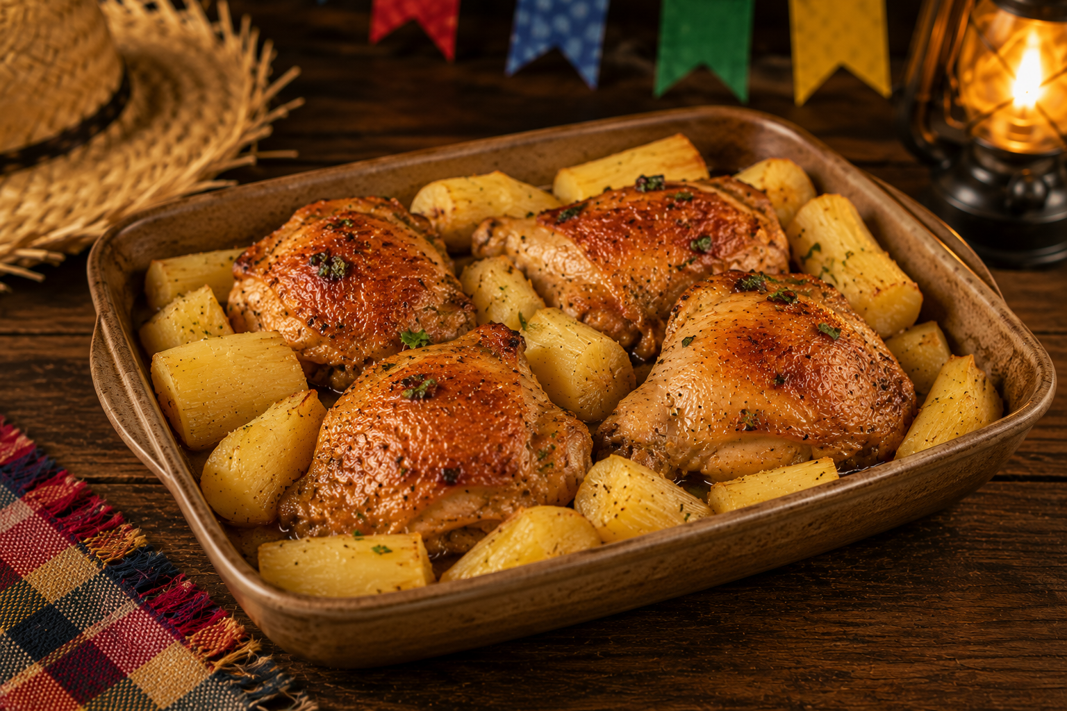 Travessa rústica com coxa e sobrecoxa de frango assadas douradas acompanhadas de macaxeira em ambiente junino