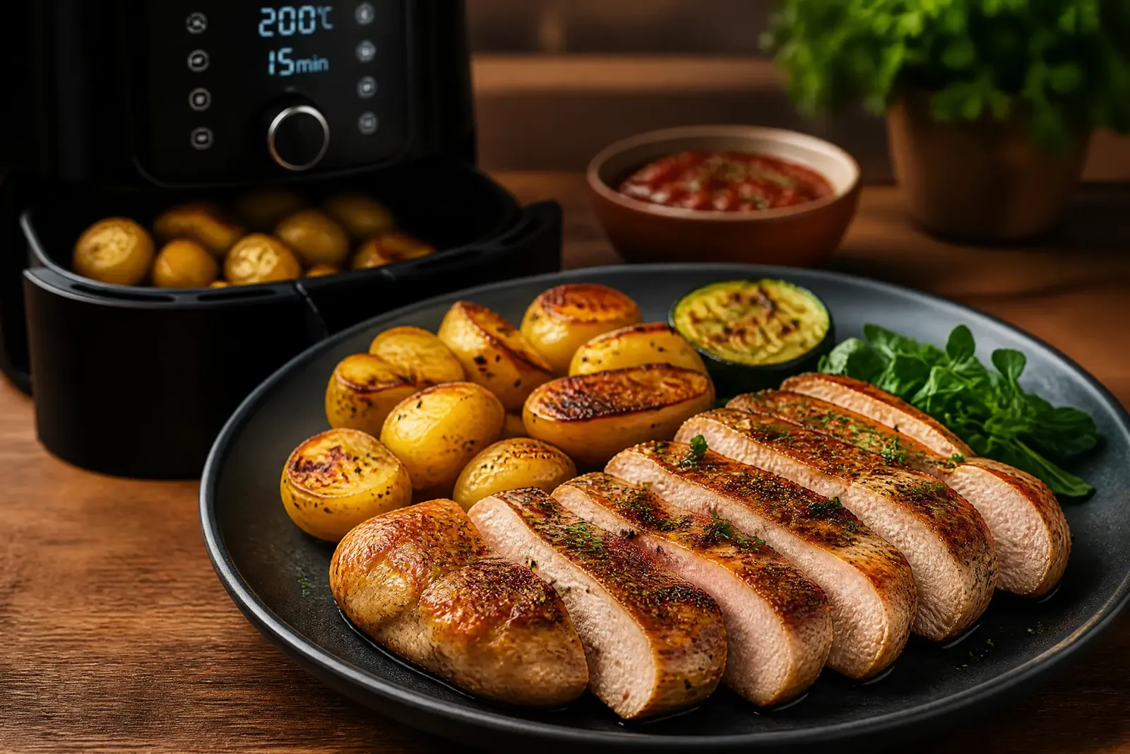 Lombo suíno fatiado com batatas douradas ao lado de uma Air Fryer