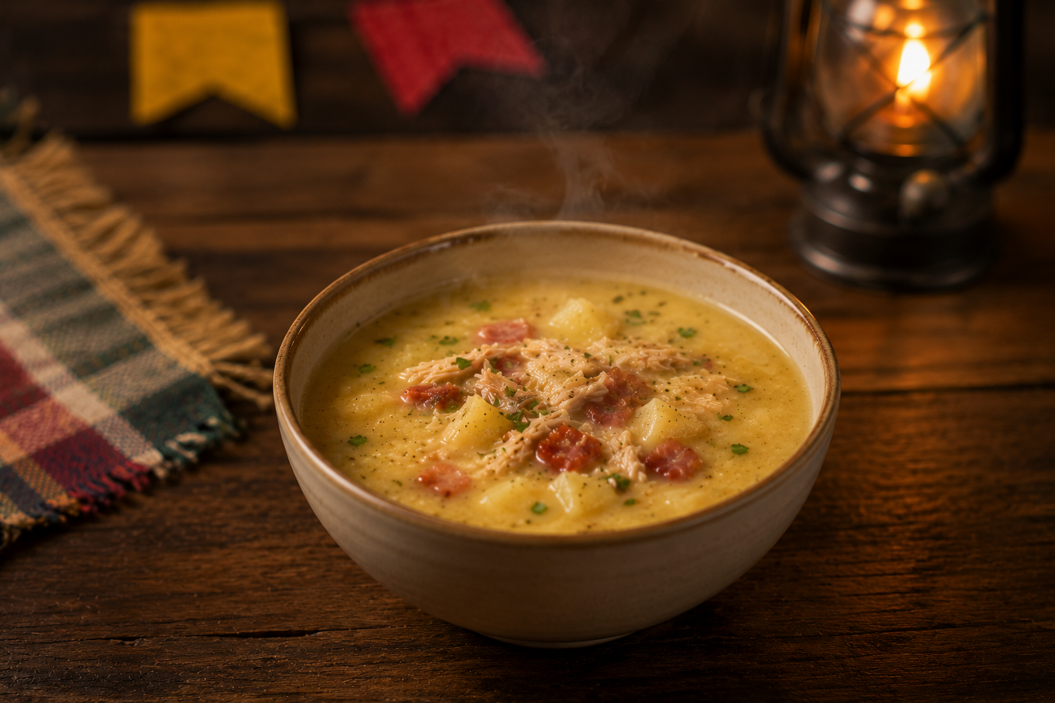 Tigela de caldo de quenga cremoso com macaxeira, frango desfiado e calabresa, em mesa rústica com lampião e bandeirinhas juninas ao fundo