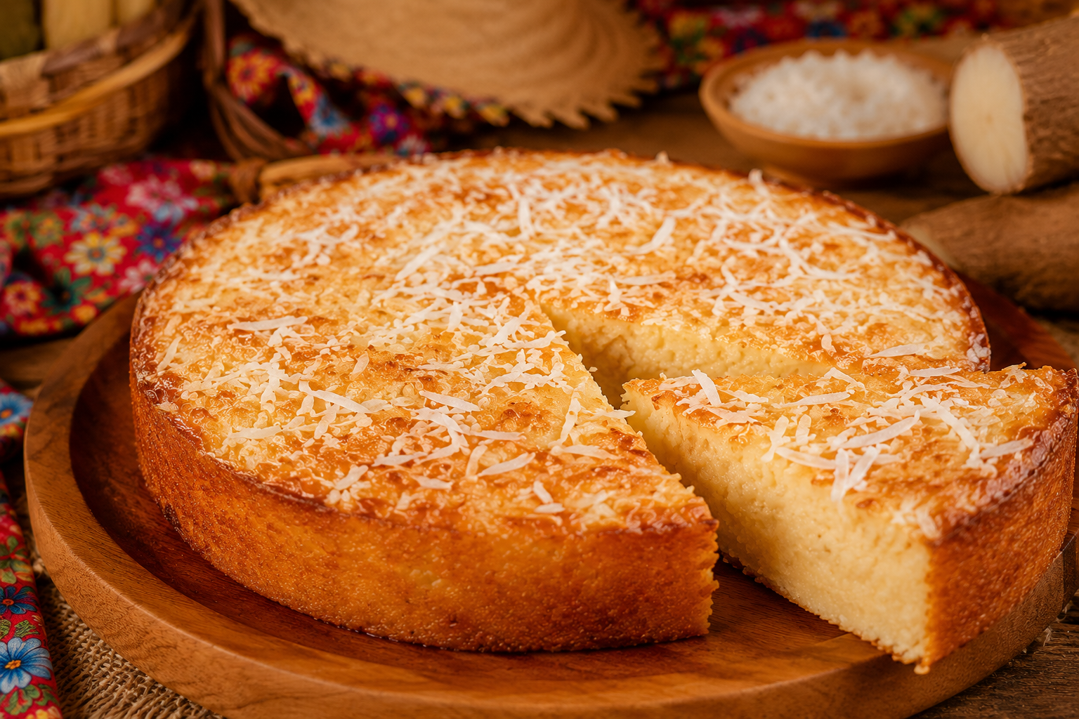 Bolo de macaxeira com coco tostado fatiado em tábua de madeira com decoração junina