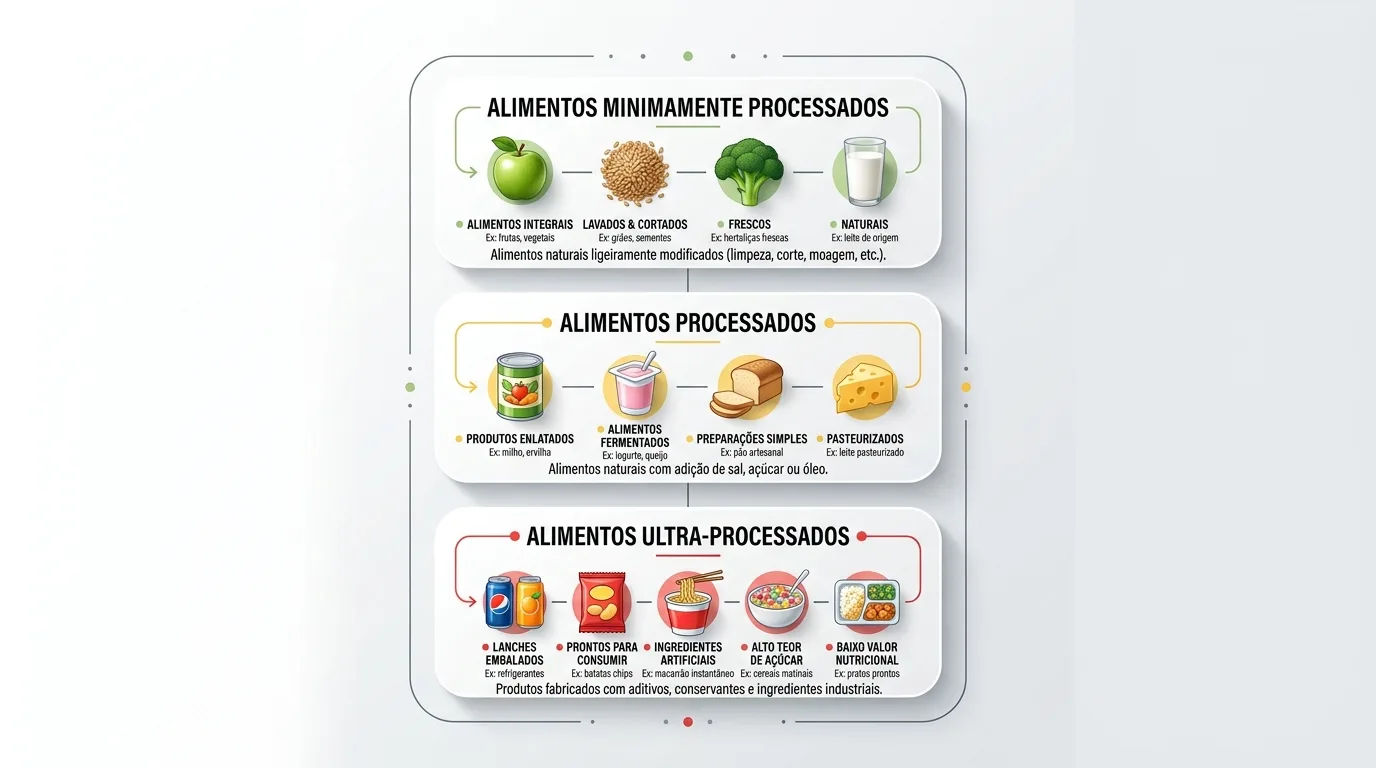 Infográfico com a classificação dos alimentos: minimamente processados, processados e ultraprocessados
