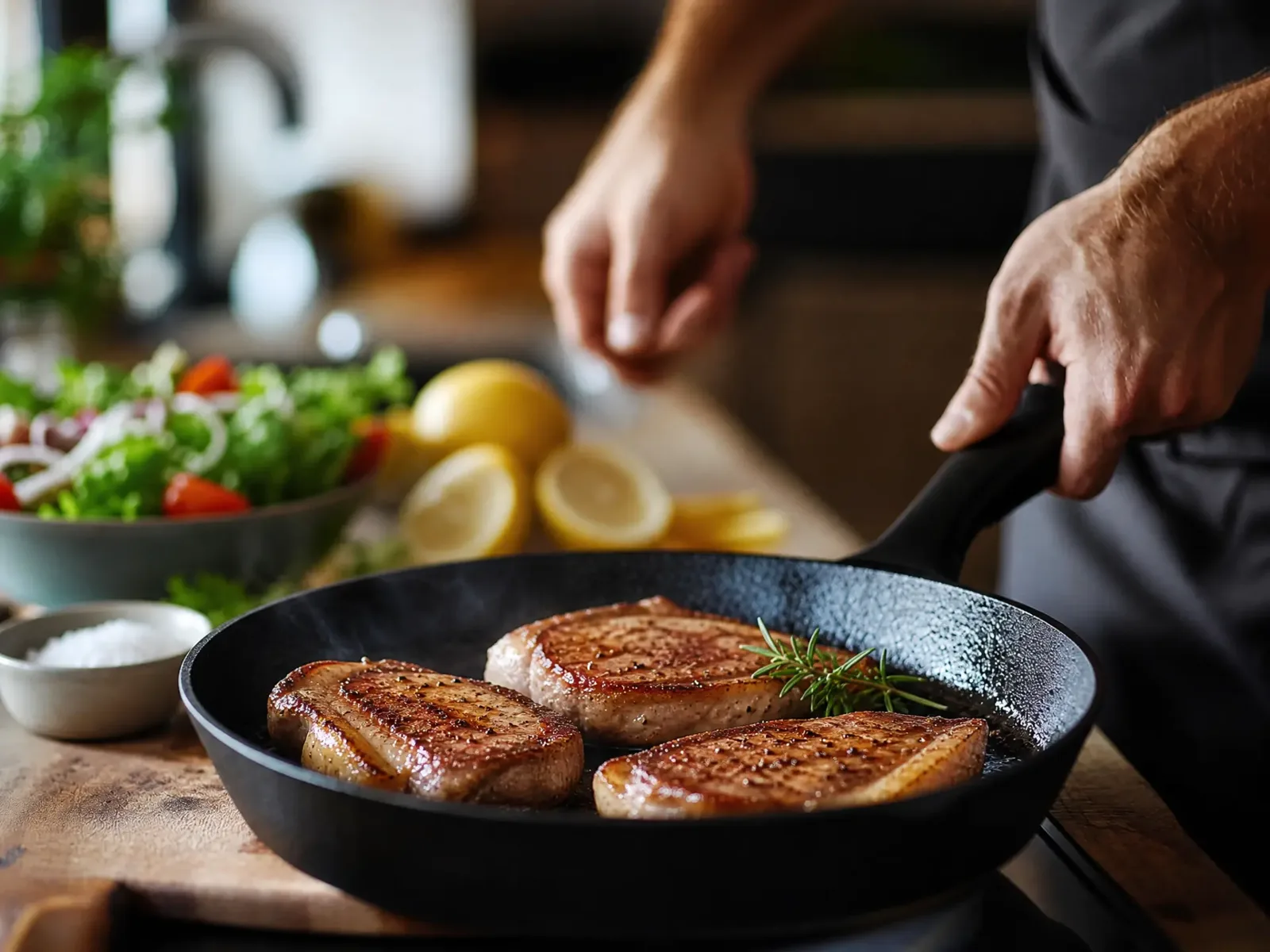 Bifes de picanha suína grelhados em uma frigideira
