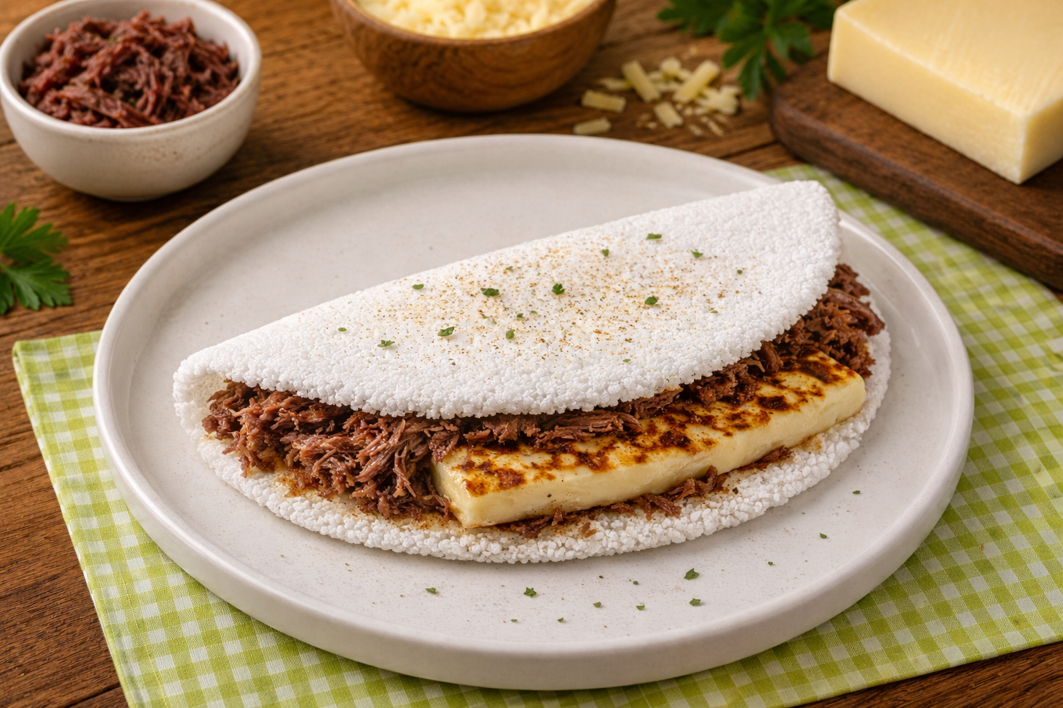 Tapioca recheada com carne de sol desfiada e queijo coalho grelhado